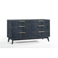 Corrigan Studio Cid Coy 55 Inch Wide Dresser, 6 Drawer, Metal Base, Gray Wood Grains, Gold