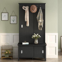 Rubbermaid Multifunctional Hall Tree With Sliding Doors, Wooden Hallway Shoe Cabinet With Storage Bench And Shelves Coat
