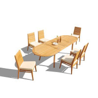 Teak Smith Grade-A Teak Dining Set: 118" Double Extension Oval Table And 8 Charleston Stacking Armless Chairs