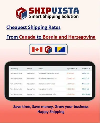 ShipVista provides the cheapest shipping rates from Canada to Bosnia and Herzegovina. Whether you ar...