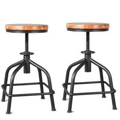 17 Stories Set Of 2 Black Vintage Industrial Style Counter Stools, Wood Seat
