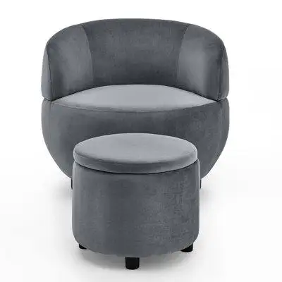 Mercer41 Mid-Century Upholstered Barrel Accent Round Arm Chair With Ottoman