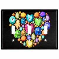 WorldAcc Metal Light Switch Plate Outlet Cover (Colourful Diamond Jewels Black Heart   - Single Toggle)
