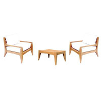 Teak Smith 3 Pc Lounge Chair Set: 2 Lounge Chairs & Ottoman + Cushions in Sunbrella Fabric #57003 Canvas White-33" H x 3