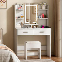 linor 35.4" Modern White Vanity with Power Outlet &2 Drawers,Bedroom Vanity Desk for Girls, Women