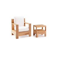 Teak Smith 2 Pc Lounge Chair Set: Lounge Chair & Side Table + Cushions in Sunbrella Fabric #57003 Canvas White-33" H x 3