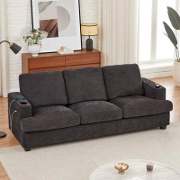 Ebern Designs Jusino 89'' Chenille Square Arm Sofa With USB Charging Ports & Cup Holders