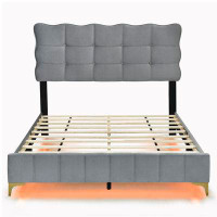 Shopperstage Velvet Platform Bed with LED Frame and Metal Bed Legs
