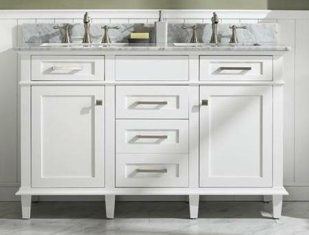 30, 36, 54, 60, 72 & 80 White Vanity w 2 Top Choices  (Blue Limestone or Carrara White Marble) (Mirror, OJ & Linen) LFC in Cabinets & Countertops
