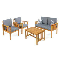 Winston Porter Jolliff 4-Piece Modern Cottage Acacia Wood Outdoor Patio Set with Cushions and Decorative Pillows