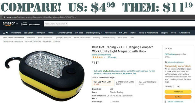 27 LED UTILITY WORK LIGHT WITH HANGING HOOK AND MAGNET -- Competitor price $11.19 -- Our price only $4.99! in Other - Image 3