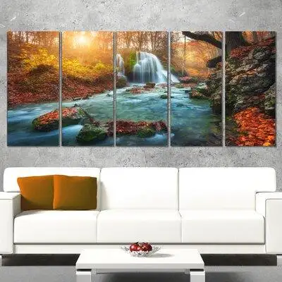Design Art Fast Flowing Fall River in Forest 5 Piece Wall Art on Wrapped Canvas Set