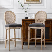 House On Tree French Country Wooden Barstools Rattan Back With Upholstered Seating , Beige and Natural Set of 2