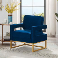Mercer41 Accent Chair With Gold Metal Base, Velvet Upholstered Leisure Chair With Open Armrest, Armchair