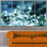 Design Art 'White Flowers on Blue Background' 4 Piece Photographic Print on Wrapped Canvas Set