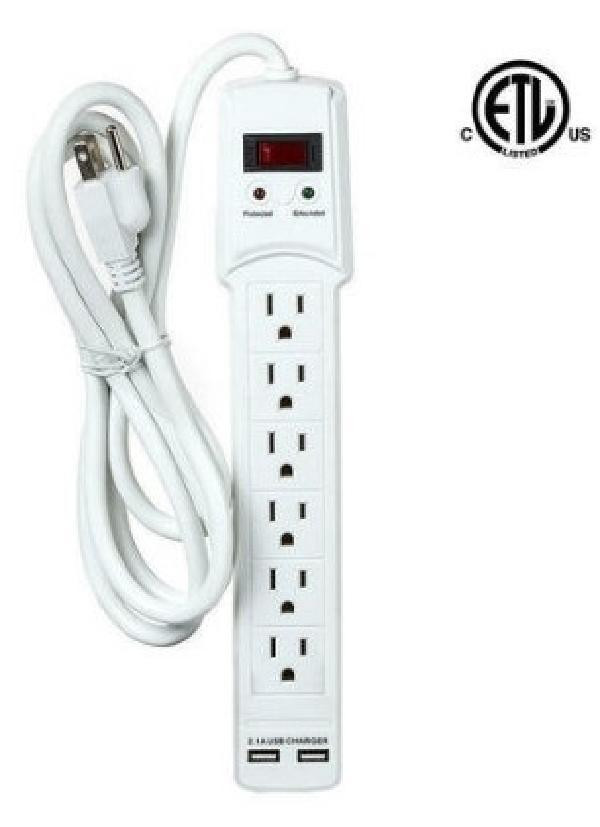 6-Outlet Surge Protector Power Strip with 2 USB Ports, 2m (6.56ft) - 900J - White in General Electronics - Image 2