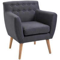 MID-CENTURY MODERN ACCENT CHAIR, LINEN UPHOLSTERY ARMCHAIR, TUFTED CLUB CHAIR WITH WOOD FRAME AND THICK PADDING, DARK GR