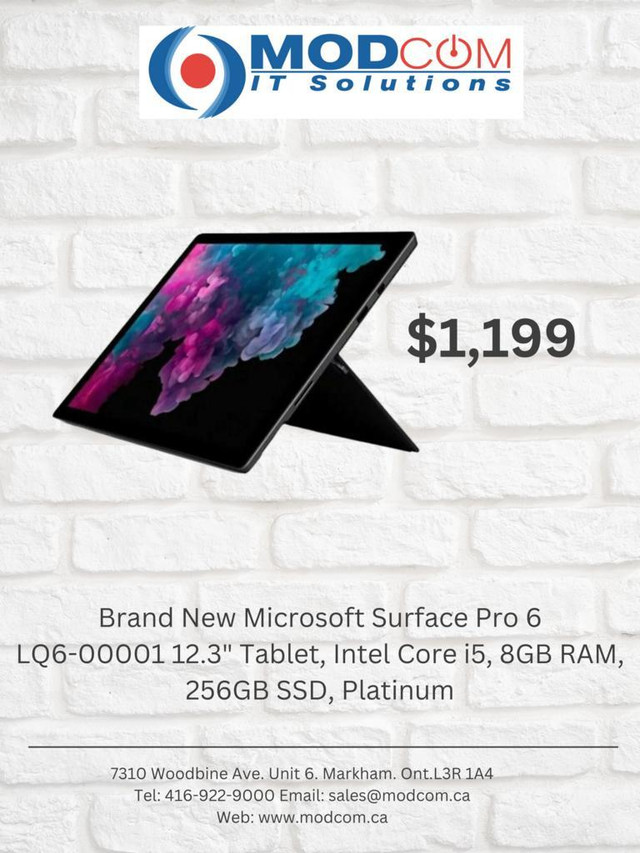 Brand New Microsoft Surface Pro 6  LQ6-00001 12.3 Tablet, Intel Core i5, 8GB RAM, 256GB SSD, Platinum dans iPad et tablettes