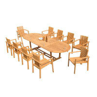 Teak Smith Grade-A Teak Dining Set: 122" Caranas Double Extension Rectangle Table And 8 Stacking Armless Chairs