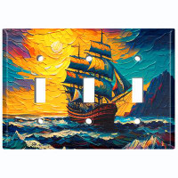 WorldAcc Metal Light Switch Plate Outlet Cover (Rustic Sea Ship Boat Sunset Ocean - Triple Toggle)