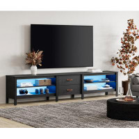 Brayden Studio WAMPAT Farmhouse TV Stand For 85 Inch TV With Blue LED Light, Black