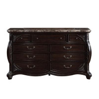 Astoria Grand Nese 68 Inch Wide Dresser, 9 Drawers, Marble Top, Carved Walnut Brown Wood