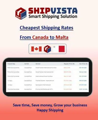 ShipVista provides the cheapest shipping rates from Canada to Malta. Whether you are an individual s...