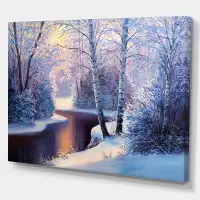 East Urban Home 'Winter Forest in River Sunset - Landscapes' Painting
