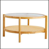 Bay Isle Home™ Simple Circular Double-Layer Solid Wood Tea Table Rattan Woven Chinese Side Table Small Round Table Suita