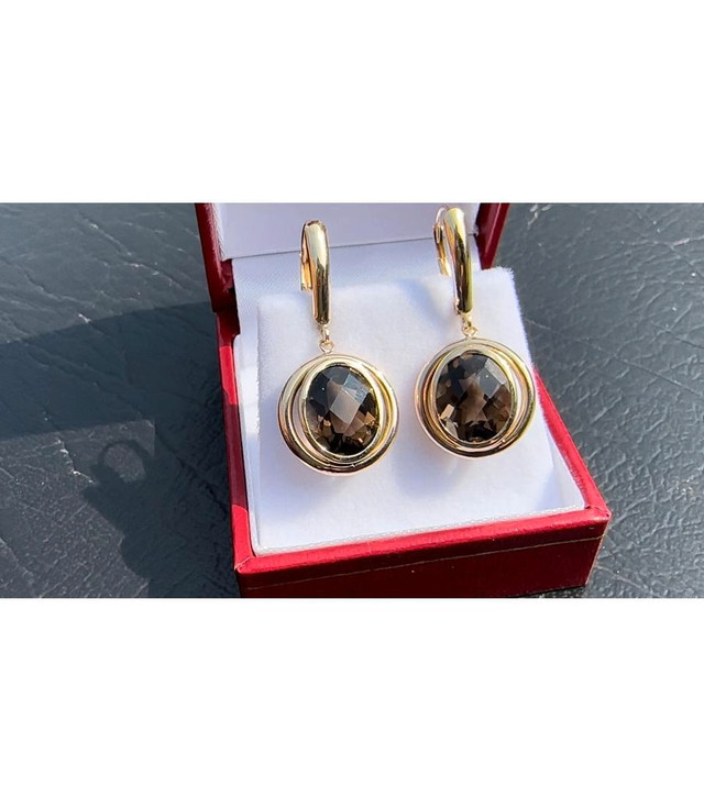 #408 - 14k Yellow Gold, Oval Smoky Quartz Custom Earrings in Jewellery & Watches