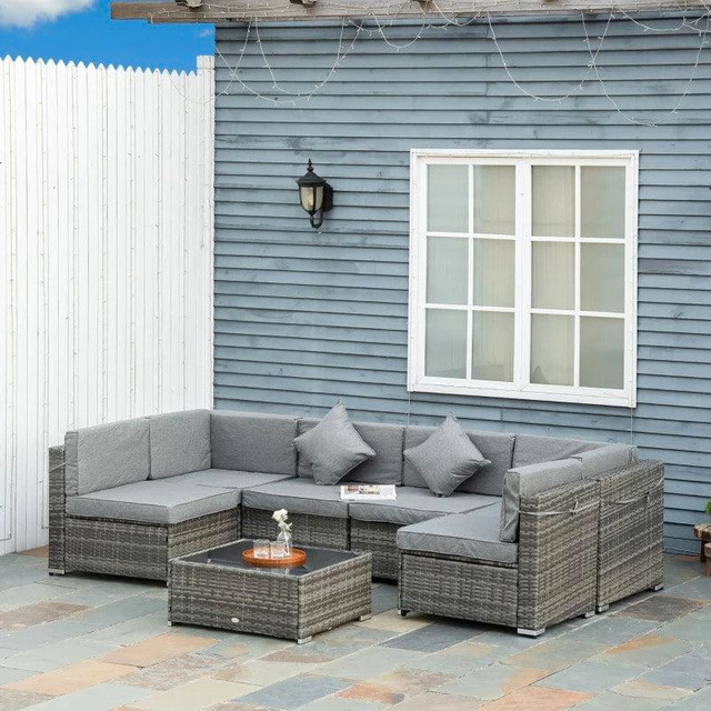 7pc PE Rattan Wicker Sectional Conversation Furniture Set w/ Cushions Outdoor Patio - Grey in Patio & Garden Furniture in British Columbia