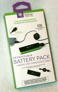 ReTrak ETESPB2 2000mAh Power Bank with Retractable Micro USB Cable Black/Green (Black, Green, With Usb)