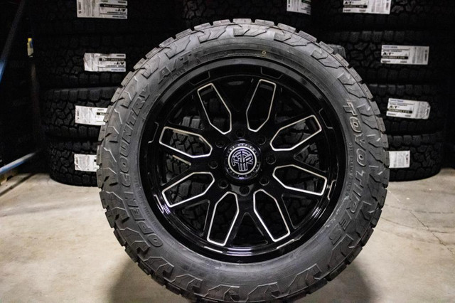 22 inch Thret wheels and 35 inch Toyo A/T III tires for GMC Sierra/Chevy Silverado HD (8x180) in Tires & Rims in Alberta - Image 2