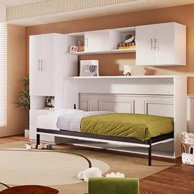 Latitude Run® Murphy Bed With Open Shelves And Storage Drawers,Built-In Wardrobe And Table