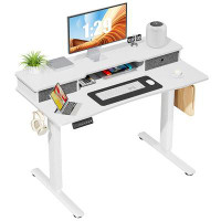 Latitude Run® Sweetcrispy Home Office Height Adjustable Electric Standing Desk With Storage Shelf Double Drawer
