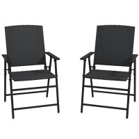 Ebern Designs Outdoor Wicker Dining Chair Rattan Foldable Chair Set of 2 Black
