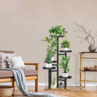 Arlmont & Co. 5 Tier Plant Stand Indoor,  Tiered Iron Flower Display Holders Shelf Rack, Wood and Black