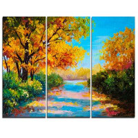 Made in Canada - Design Art Autumn Forest with Colourful River - 3 Piece Painting Print on Wrapped Canvas Set