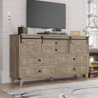 Gracie Oaks 6 Drawers Dresser For Bedroom, Farmhouse Chest Of Drawers With Sliding Barn Door, Bedroom Long Storage Dress