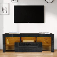 Wrought Studio Modern Minimalist Design Freestanding Wooden TV Stand with a Pull-Down Drawer and Shelves