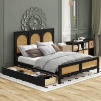 Dovecove Full Size Wood Platform Bed With 2 Drawers, Rattan Headboard And Footboard