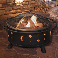 Freeport Park® Dyess 32-Inch Star and Moon Outdoor Wood Burning Firepit with Screen, Poker and Cover