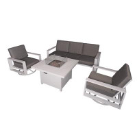 Hokku Designs 4 Piece Patio Dining Set Fire Pit Table with 2 Swivel Chair + 3 Seater Sofa