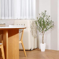 Primrue Artificial Olive Tree 4FT Tall Faux Tropical Silk Plant With White Taper Planter Fake Greenery Potted Plant For