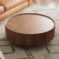 Millwood Pines Round Coffee Table with 2 Drawers Storage Walnut Wood Grain Pattern Living Room Table