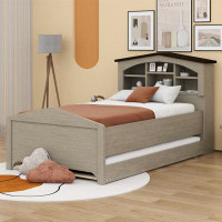 Latitude Run® Twin Size Wood Platform Bed With House-Shaped Storage Headboard And Trundle