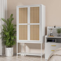 Bay Isle Home™ White Rattan Wardrobe Closet with LED Lights/Shelves/Rod - Bedroom/Apartment Armoire (2 Doors)