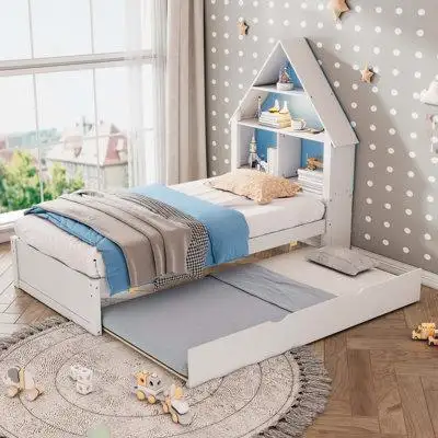 Harper Orchard Twin Size House-Shaped Bed With Bookcase Headboard And Led Light And Twin Size Trundle For Kids Boys Girl
