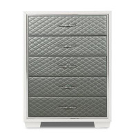 House of Hampton Jameca 54 Inch Tall Dresser Chest, 5 Drawers, Silver Upholstery On White Wood