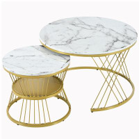 Mercer41 Nesting Table with Marble Grain Table Top, Golden Iron Frame Round Coffee Table,Set of 2